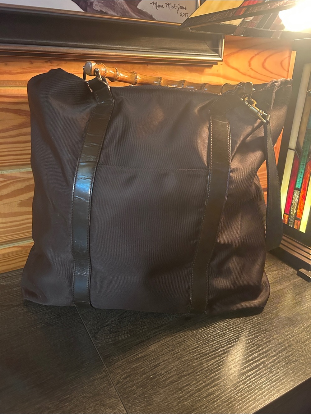 Gucci  Black Tote /travel Bag with Bamboo Handles and detachable strap